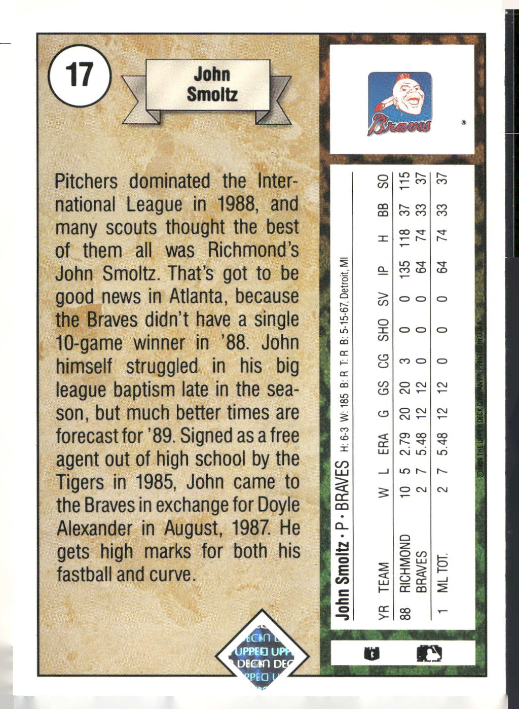 1989 Upper Deck #17 John Smoltz