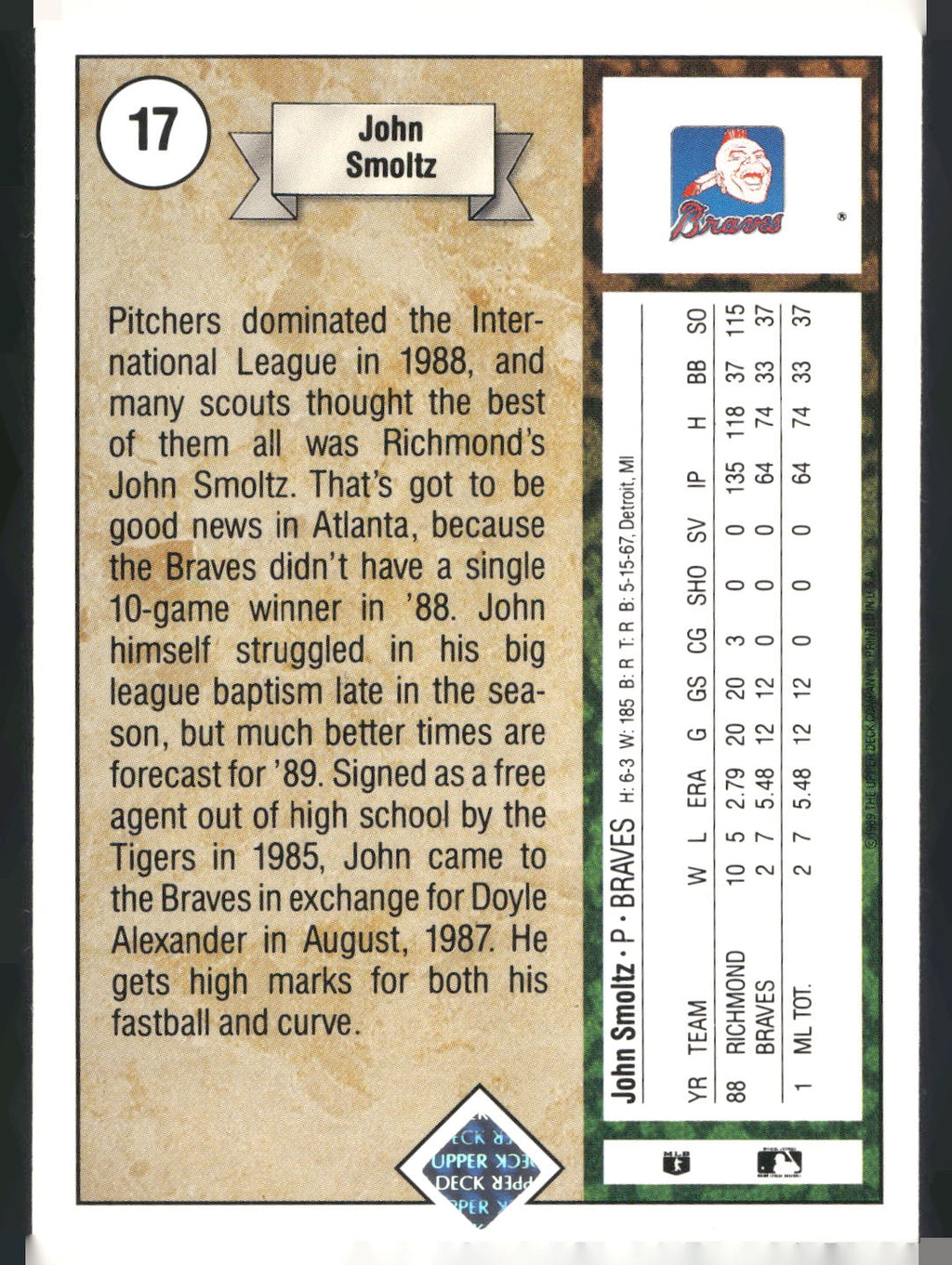 1989 Upper Deck #17 John Smoltz