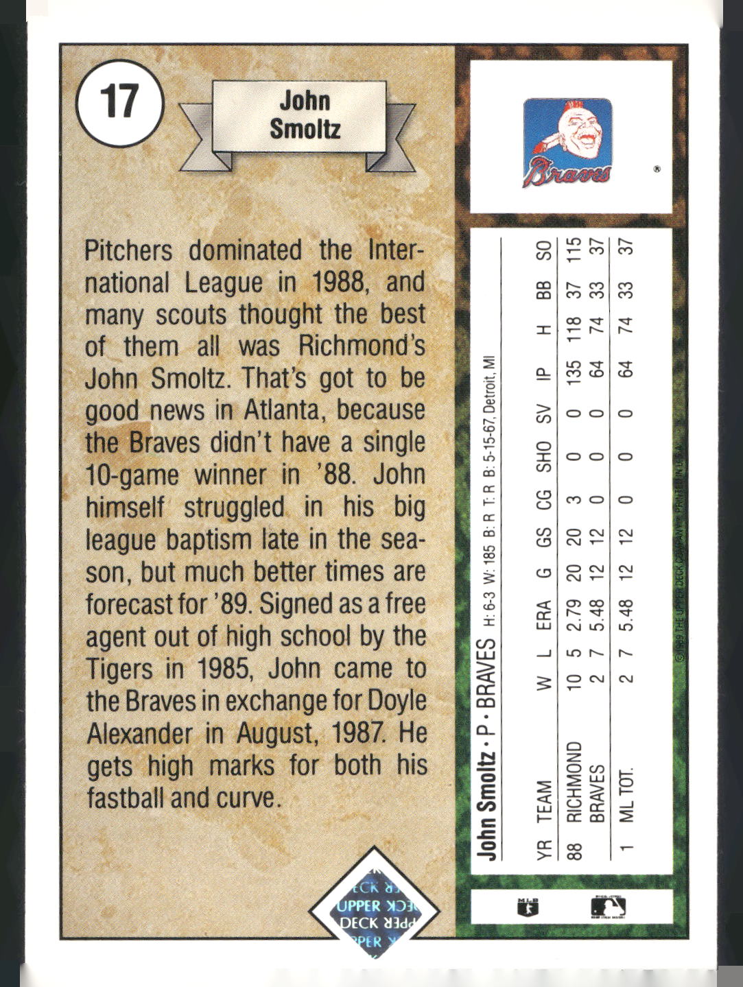 1989 Upper Deck #17 John Smoltz