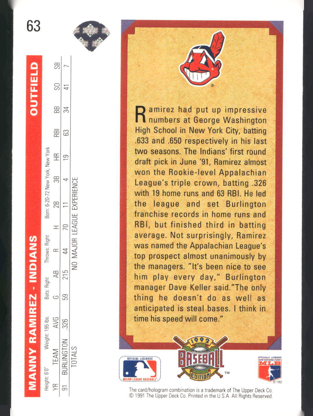 1992 Upper Deck #63 Manny Ramirez