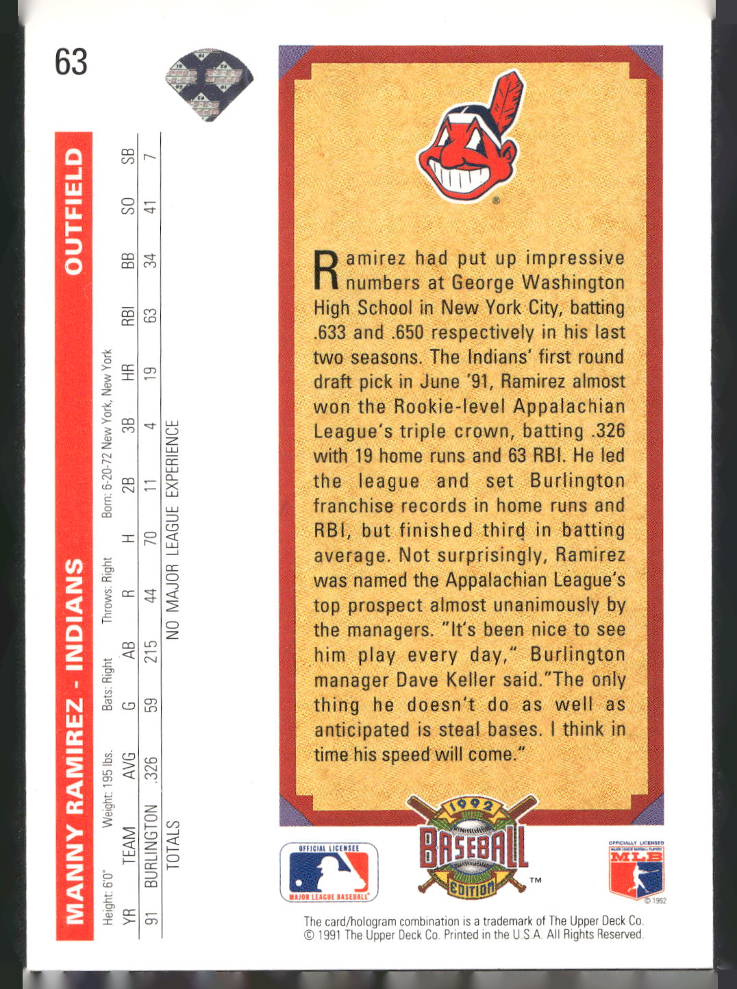 1992 Upper Deck #63 Manny Ramirez