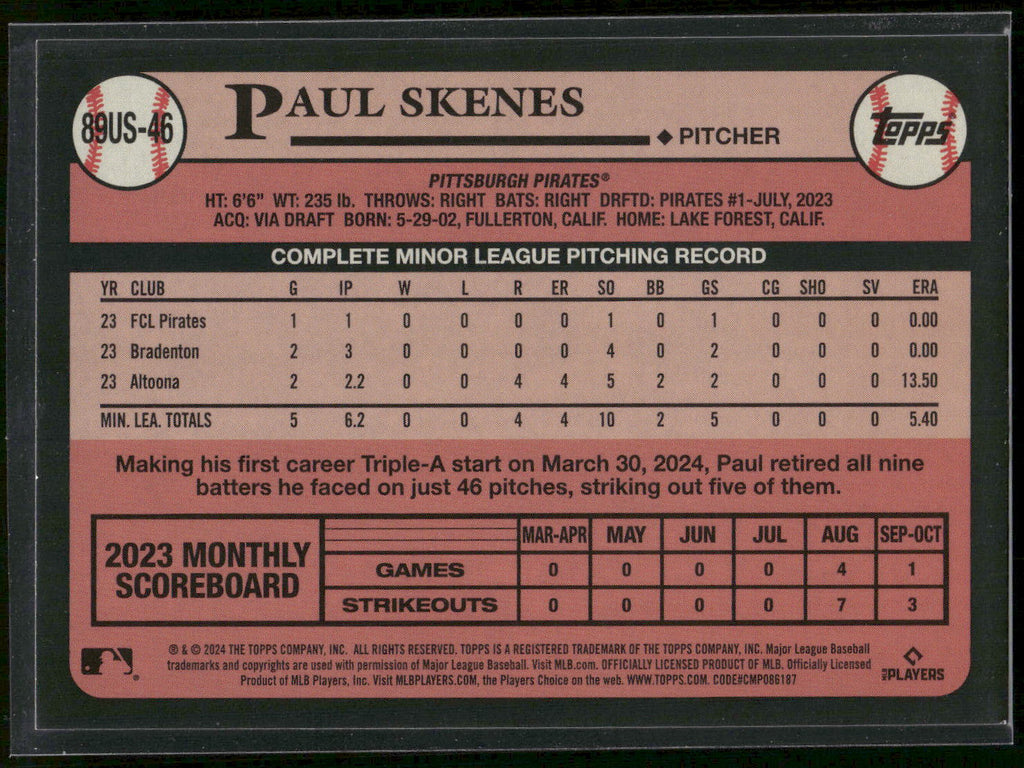 2024 Topps Update #89US-46 Paul Skenes 1989 Topps Baseball 35th Anniversary