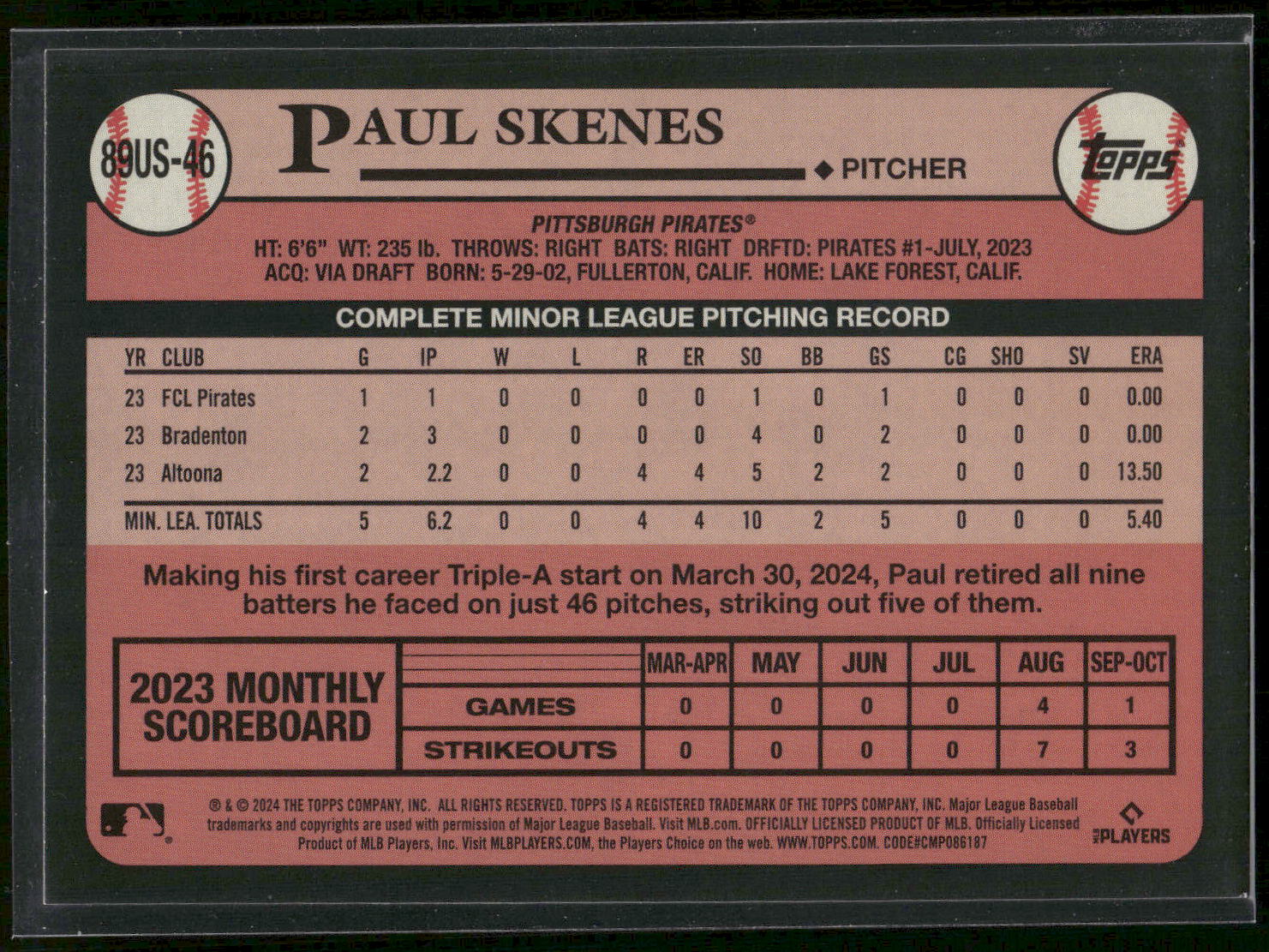 2024 Topps Update #89US-46 Paul Skenes 1989 Topps Baseball 35th Anniversary