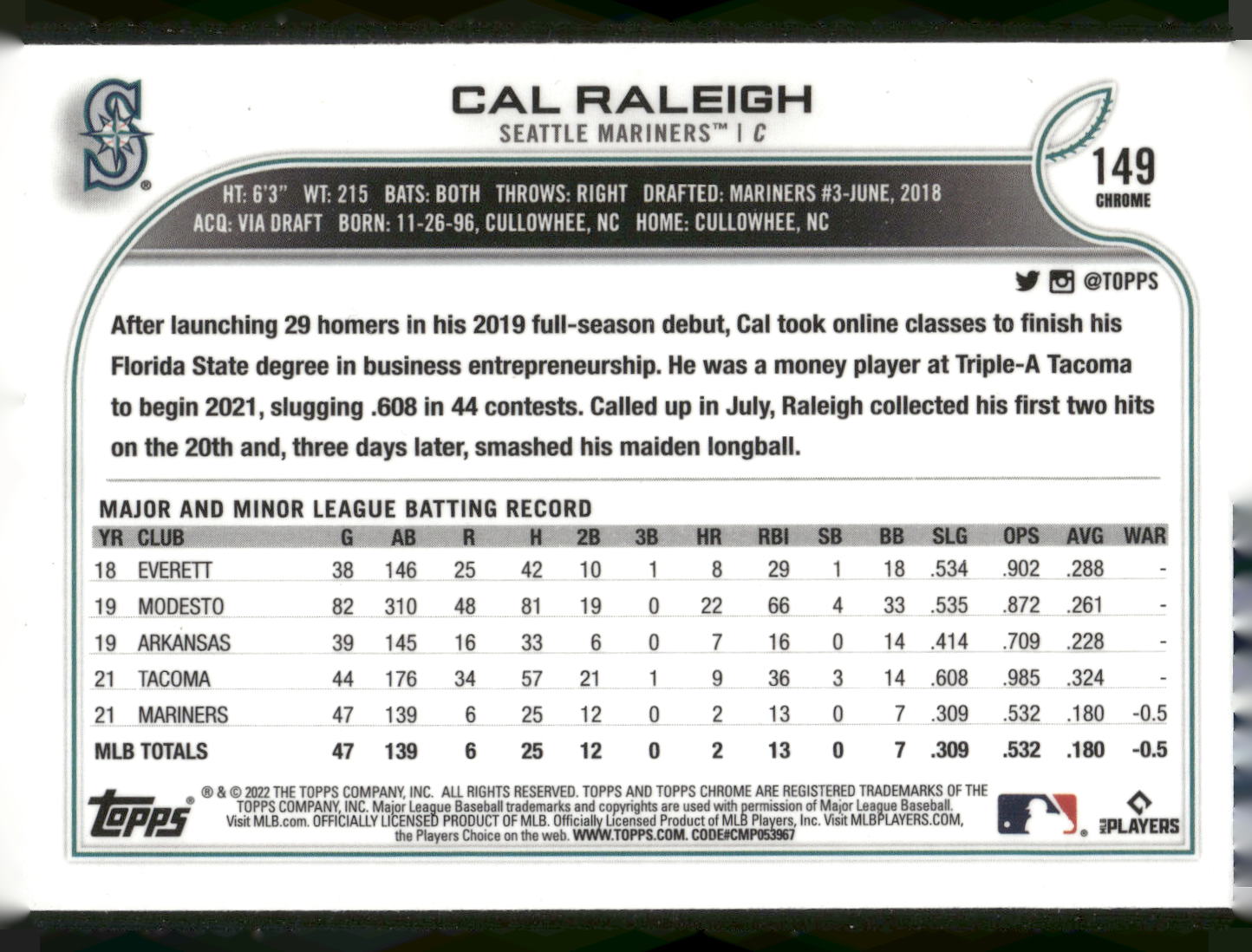 2022 Topps Chrome #149 Cal Raleigh