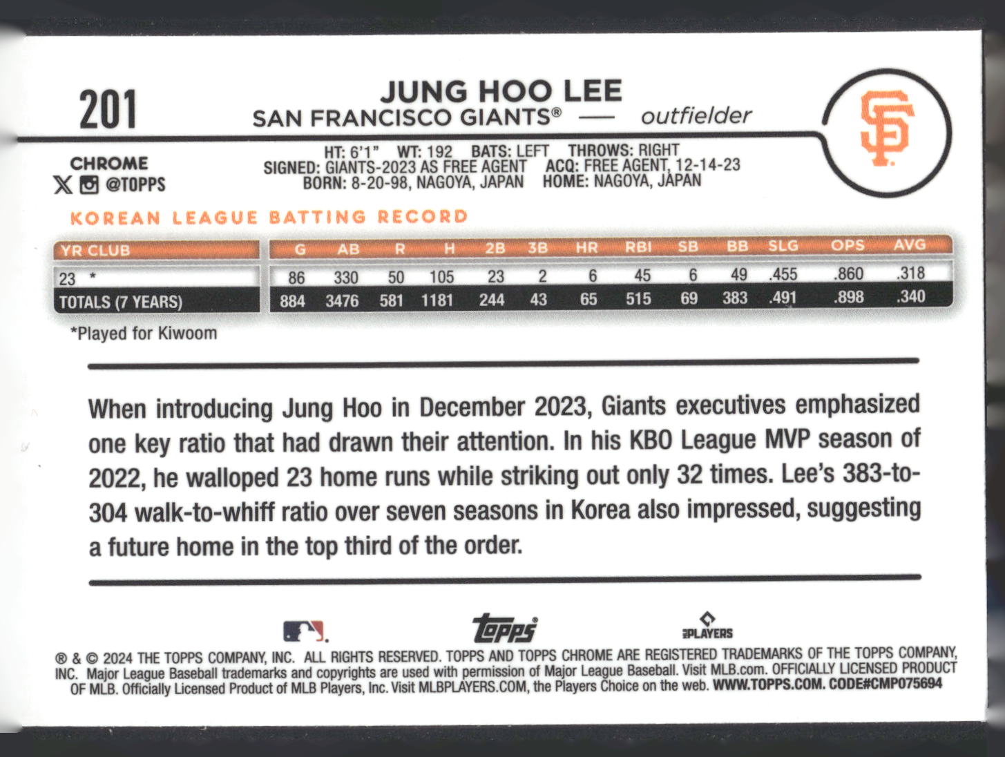2024 Topps Chrome #201 Jung Hoo Lee