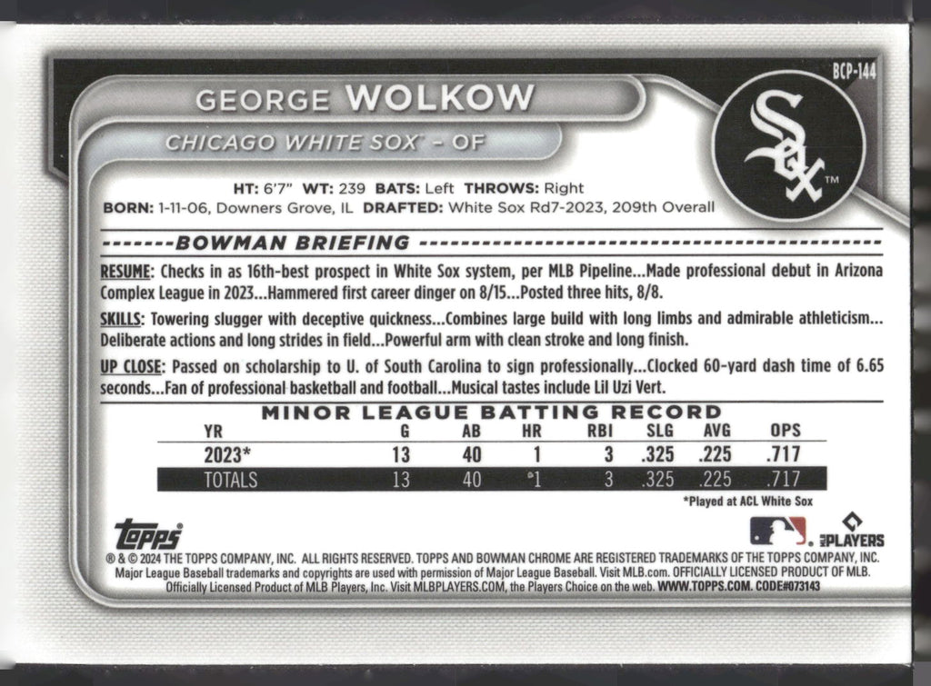 2024 Bowman #BCP-144 George Wolkow Chrome Prospects Lunar Glow Refractors