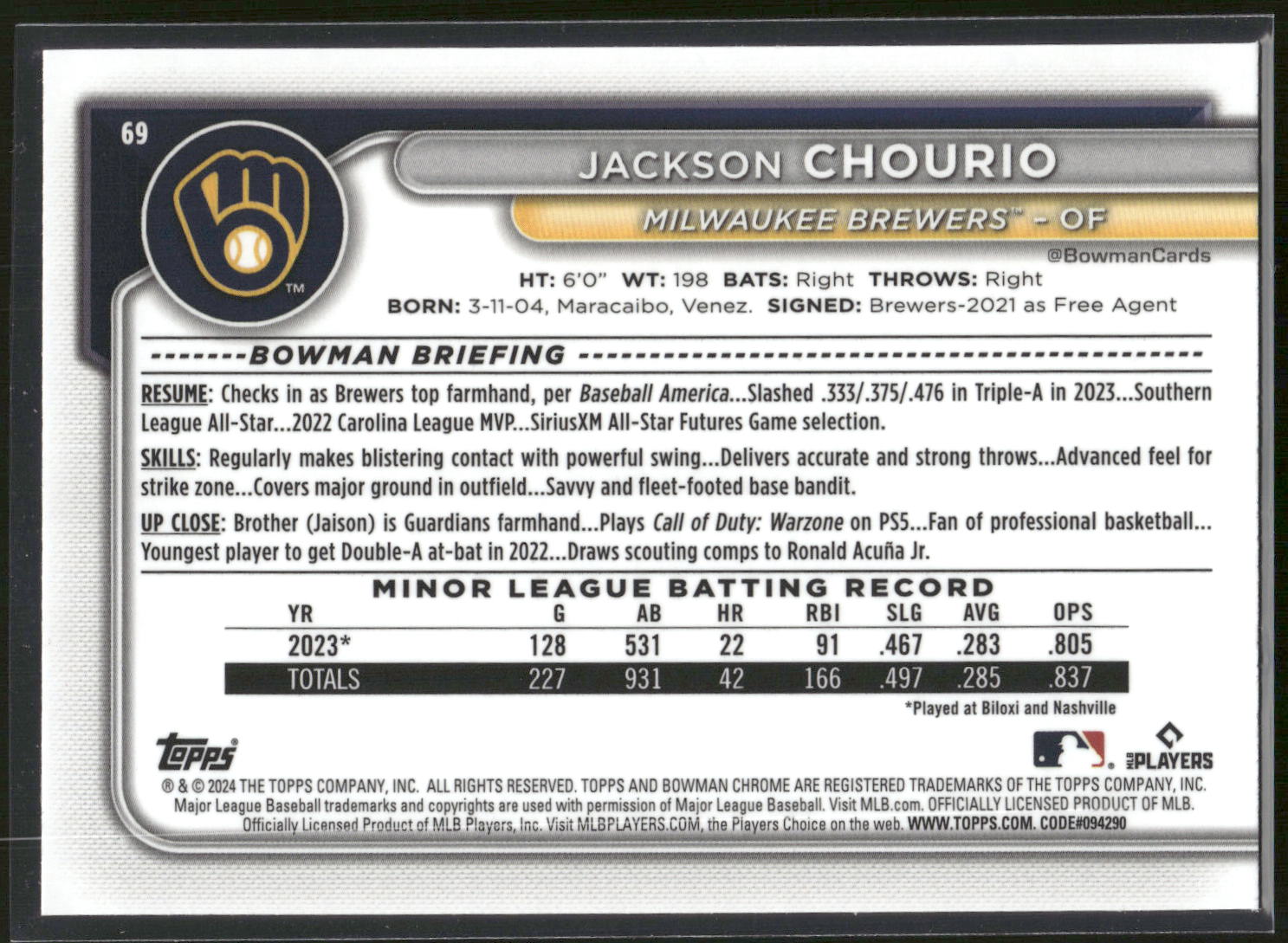 2024 Bowman Chrome #69 Jackson Chourio Mojo Refractors