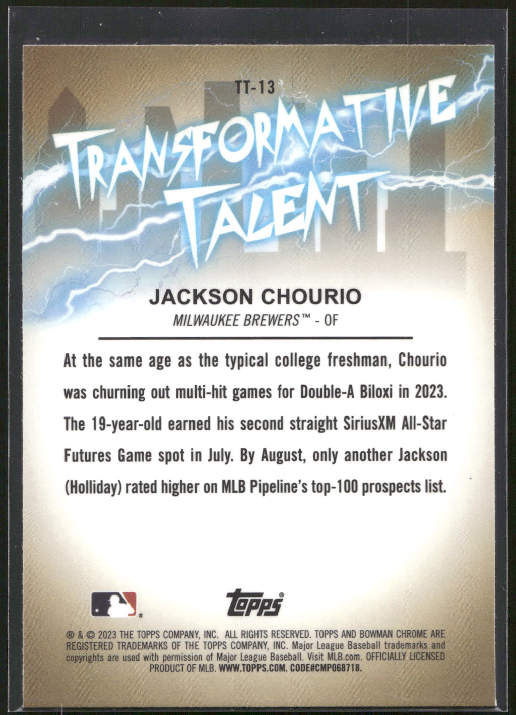 2023 Bowman Draft #TT-13 Jackson Chourio Transformative Talent