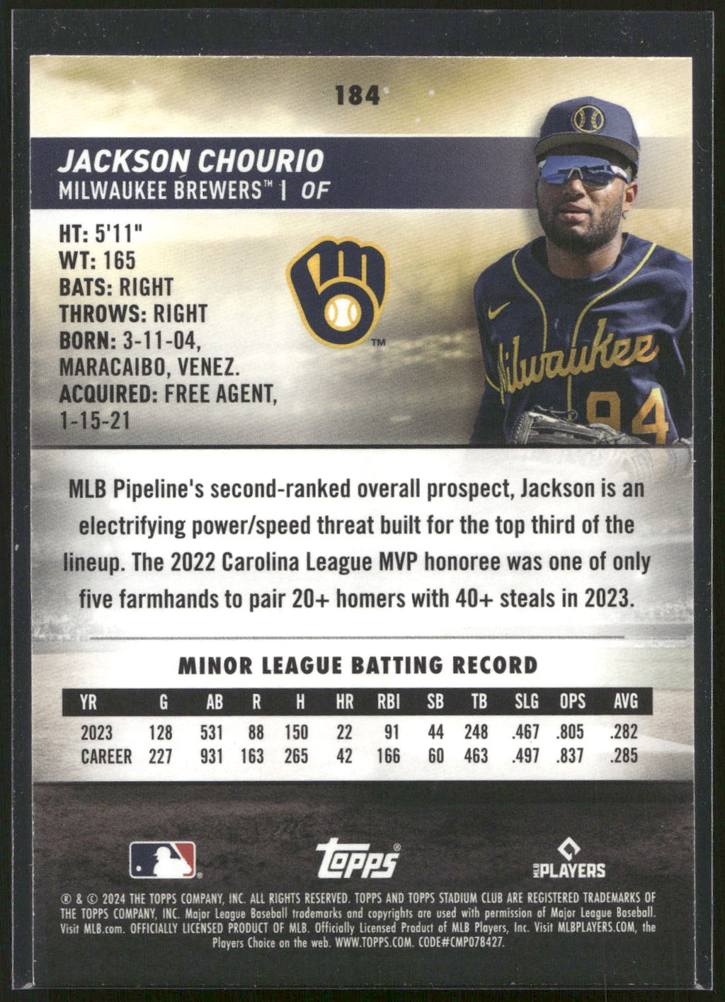 2024 Stadium Club #184 Jackson Chourio Pink Foil
