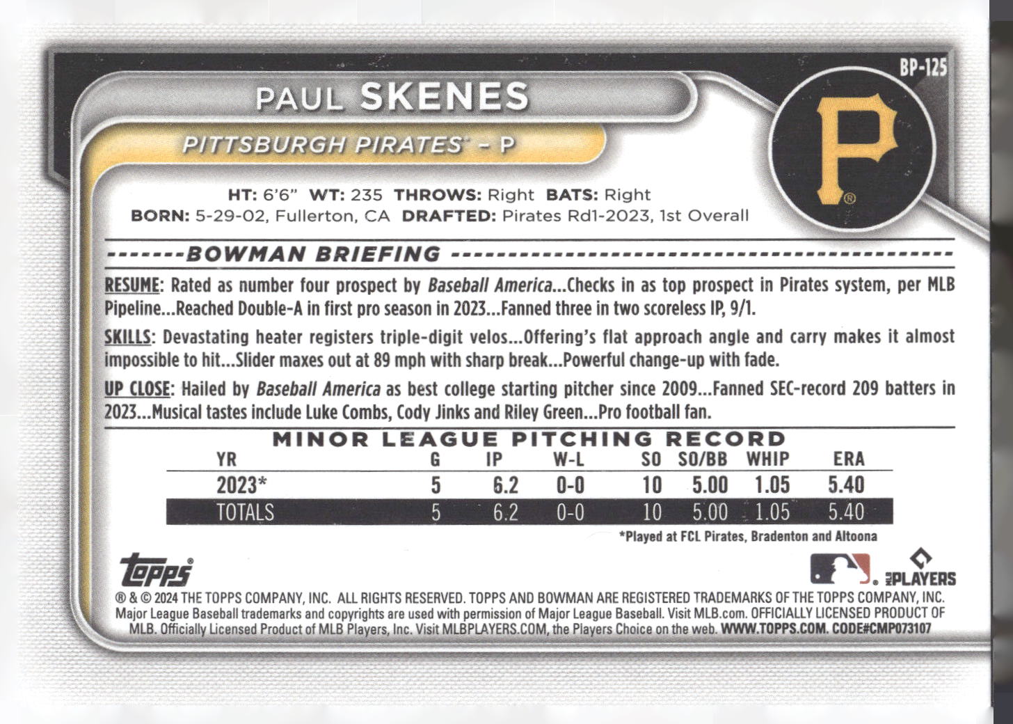 2024 Bowman #BP-125 Paul Skenes Prospects