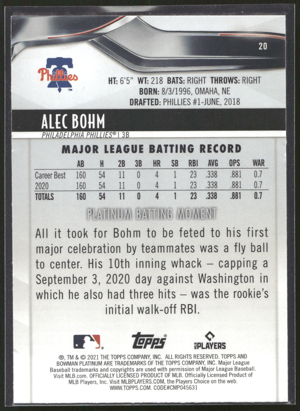 2021 Bowman Platinum #20 Alec Bohm