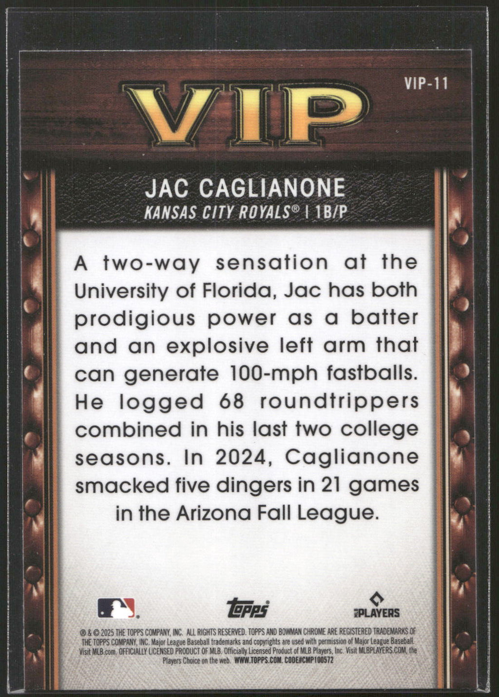 2025 Bowman #VIP-11 Jac Caglianone Very Important Prospects