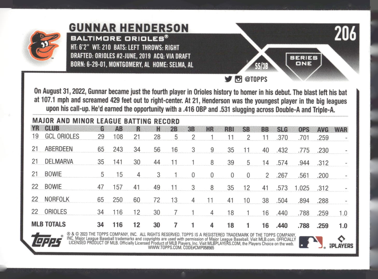 2023 Topps #206 Gunnar Henderson