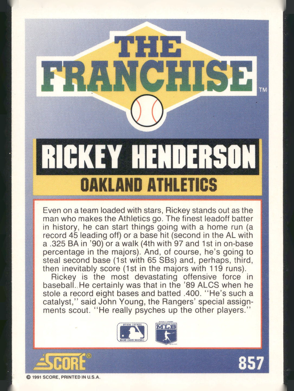 1991 Score #857 Rickey Henderson
