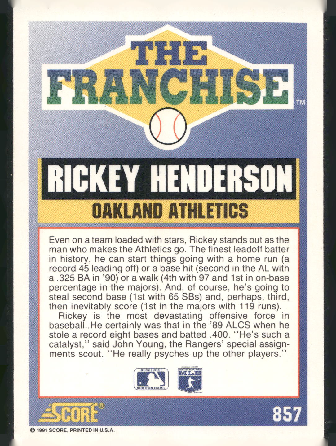 1991 Score #857 Rickey Henderson