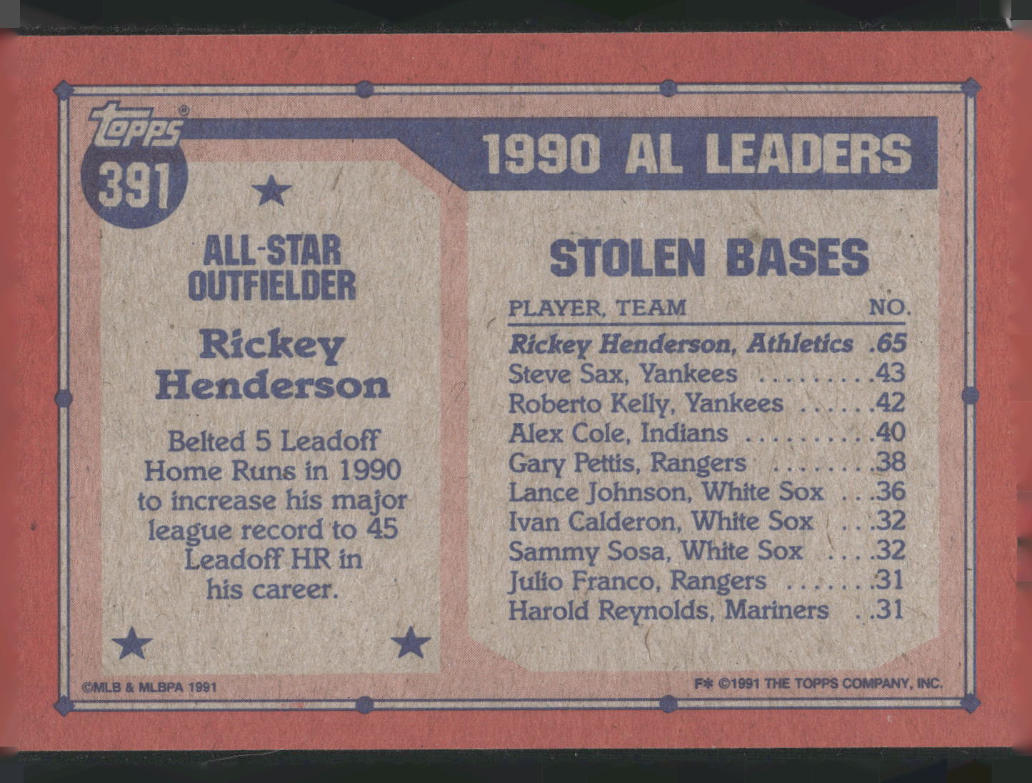 1991 Topps #391 Rickey Henderson