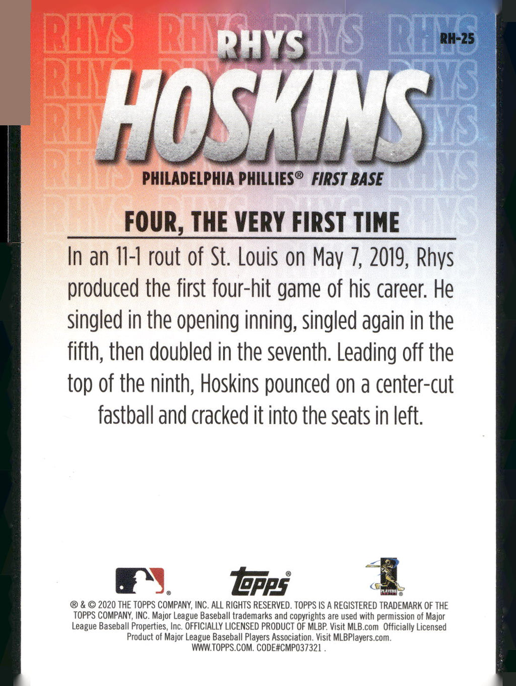 2020 Topps #RH-25 Rhys Hoskins Player Highlights Rhys Hoskins