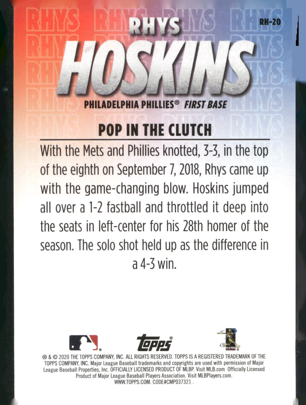 2020 Topps #RH-20 Rhys Hoskins Player Highlights Rhys Hoskins