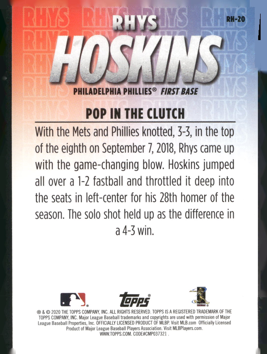 2020 Topps #RH-20 Rhys Hoskins Player Highlights Rhys Hoskins
