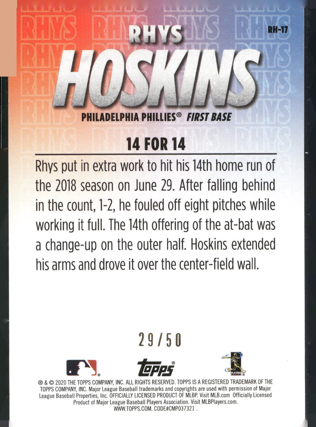 2020 Topps #RH-17 Rhys Hoskins Player Highlights Rhys Hoskins