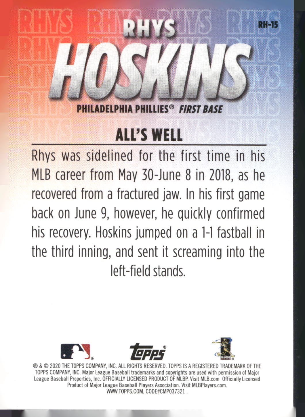 2020 Topps #RH-15 Rhys Hoskins Player Highlights Rhys Hoskins