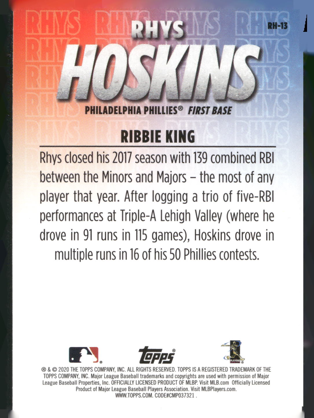 2020 Topps #RH-13 Rhys Hoskins Player Highlights Rhys Hoskins