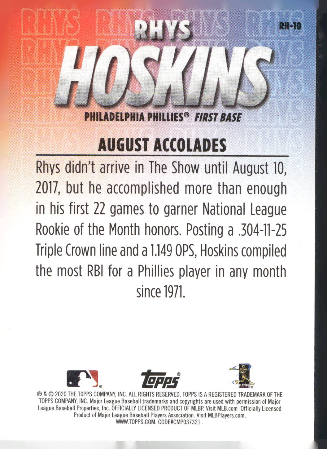 2020 Topps #RH-10 Rhys Hoskins Player Highlights Rhys Hoskins