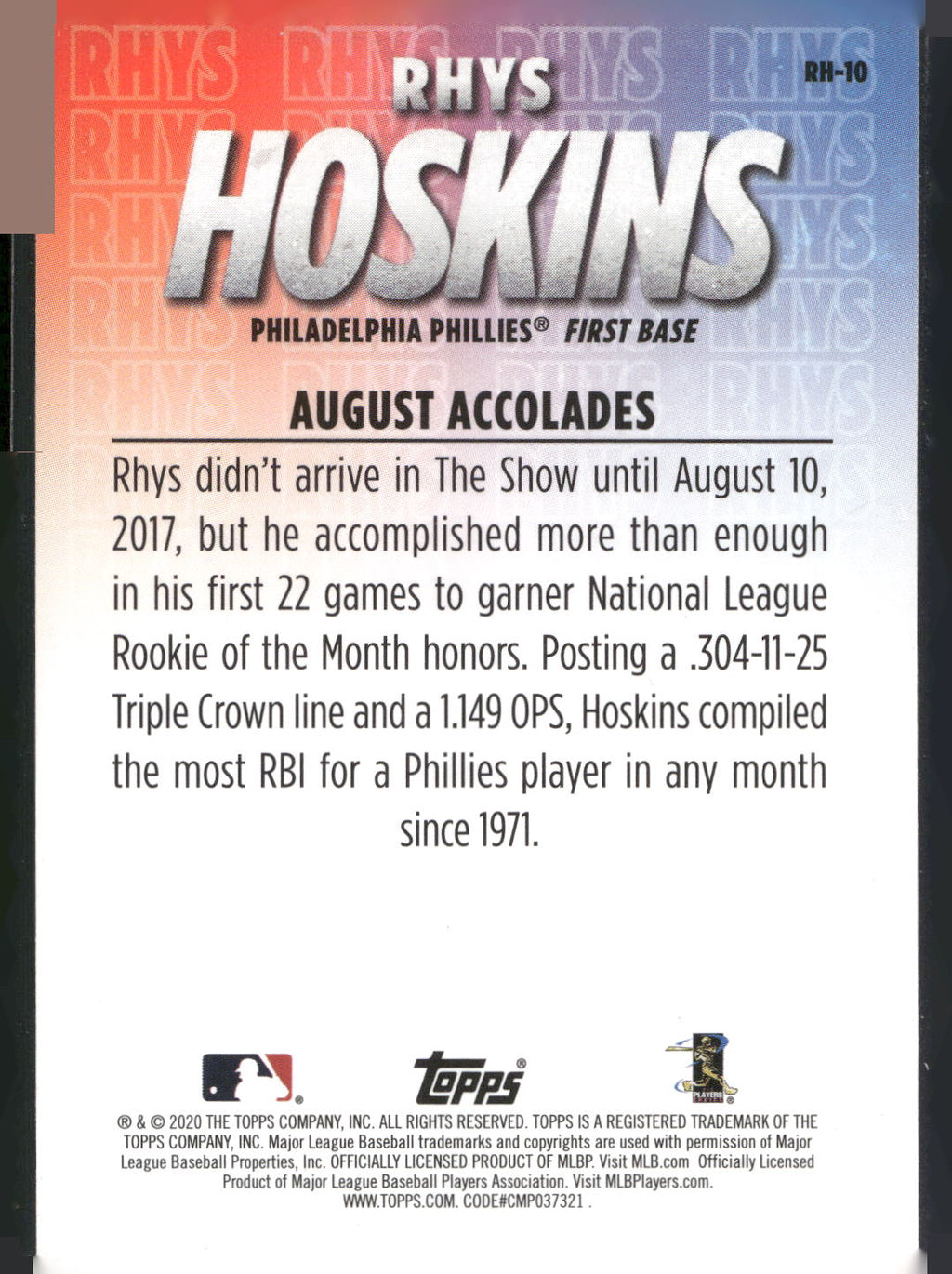 2020 Topps #RH-10 Rhys Hoskins Player Highlights Rhys Hoskins