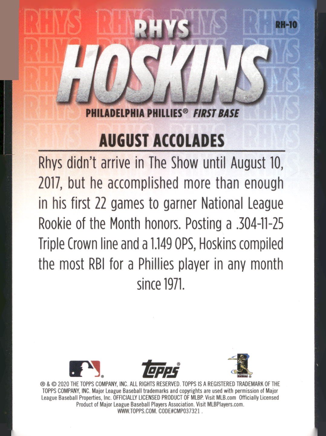 2020 Topps #RH-10 Rhys Hoskins Player Highlights Rhys Hoskins