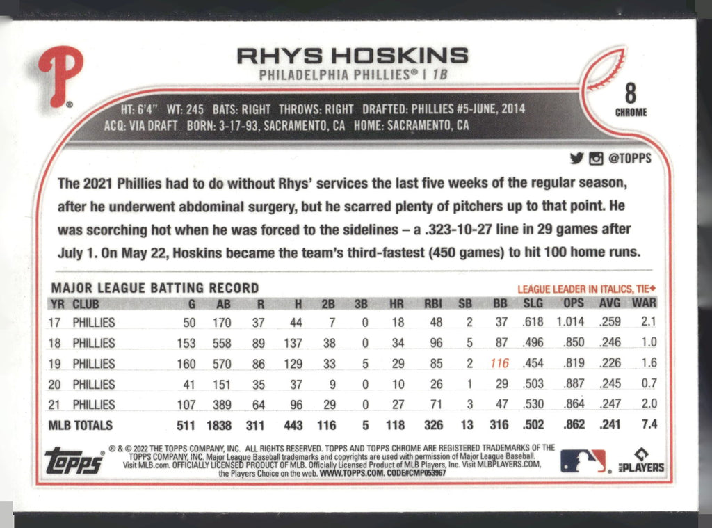 2022 Topps Chrome #8 Rhys Hoskins Sepia Refractor