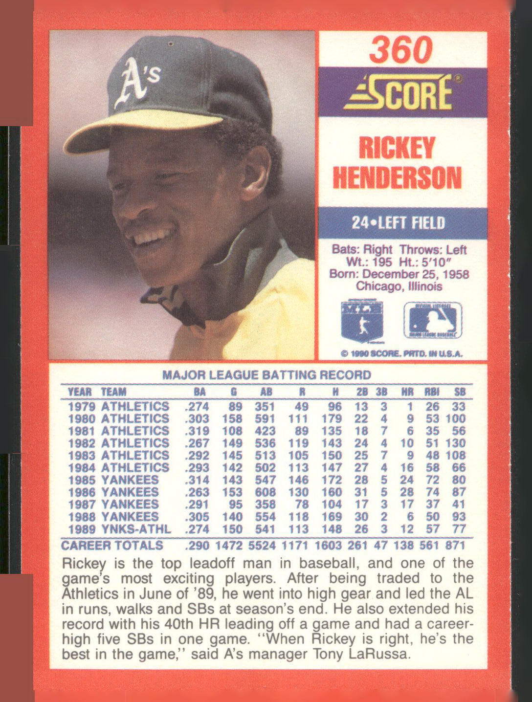1990 Score #360 Rickey Henderson