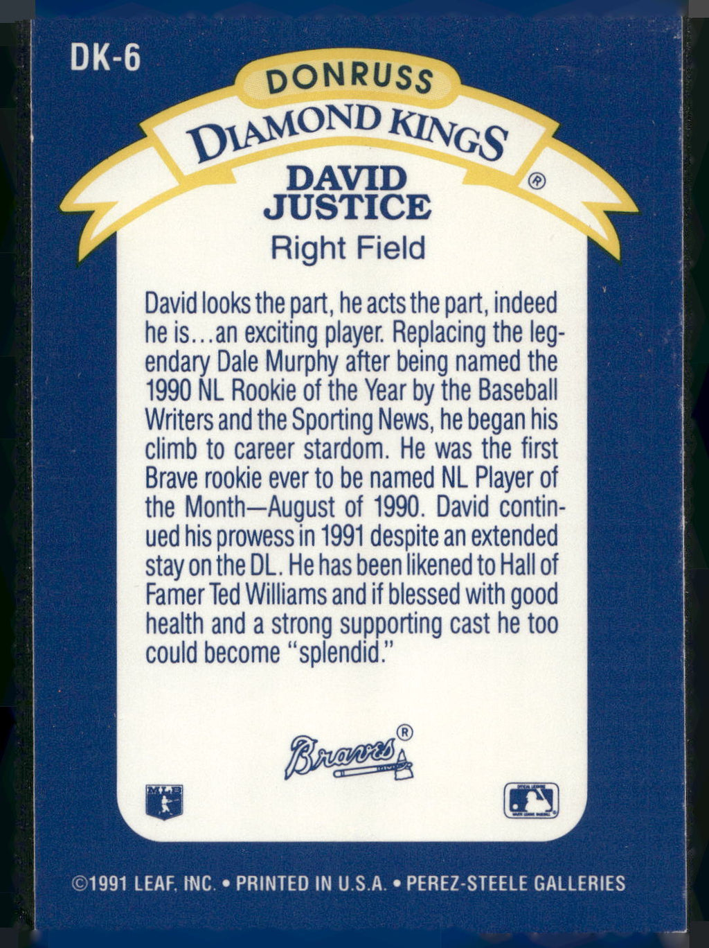 1992 Donruss #DK-6 David Justice Diamond Kings