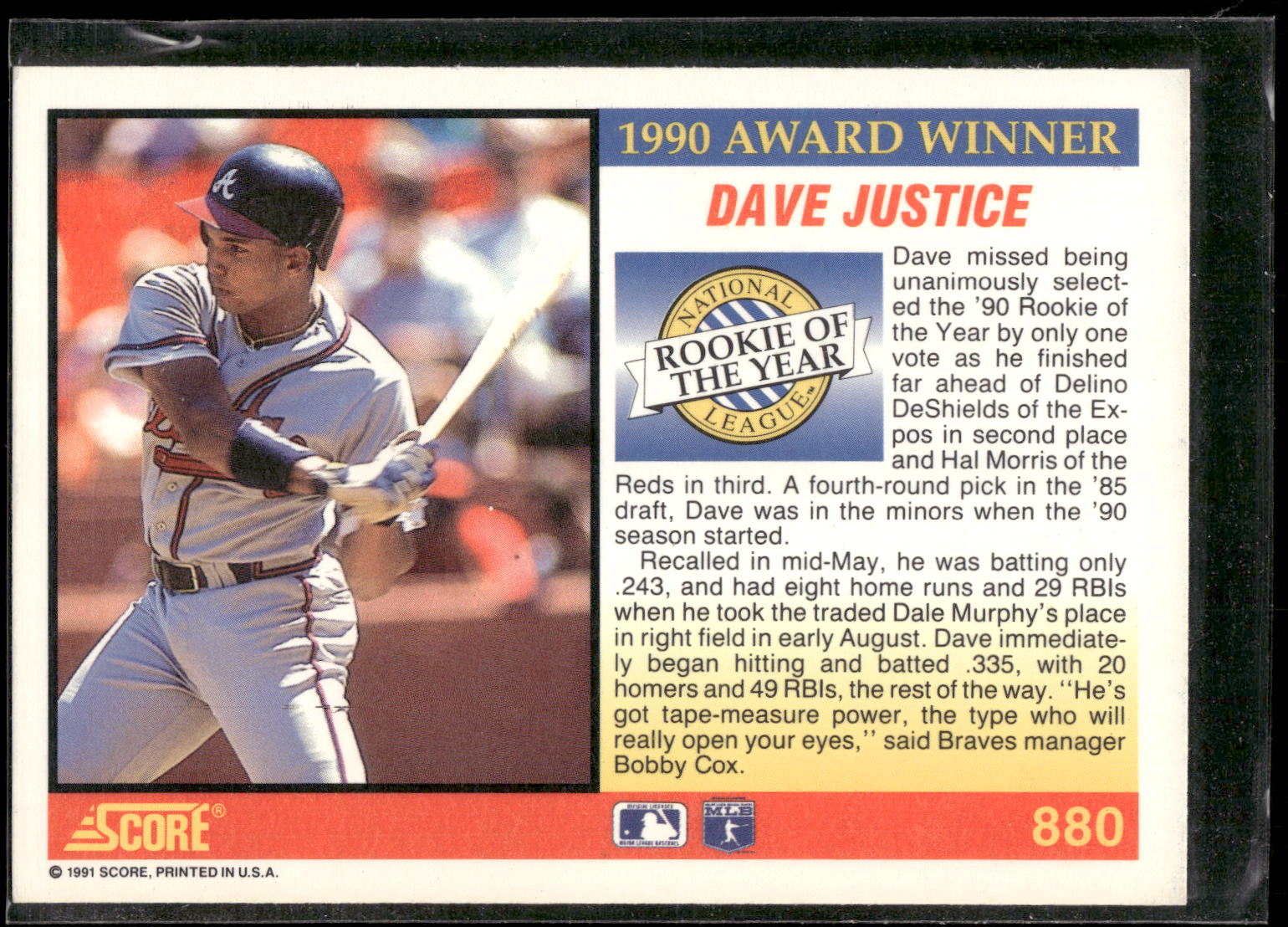 1991 Score #880 Dave Justice