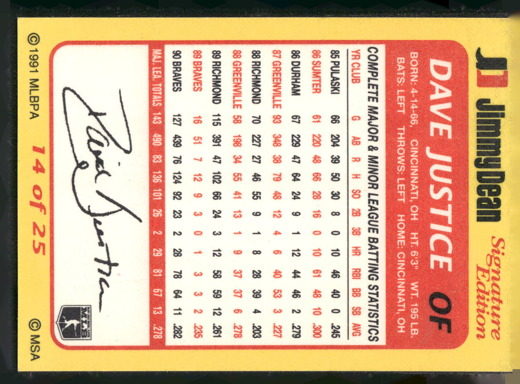 1991 Jimmy Dean Signature Edition #14 Dave Justice