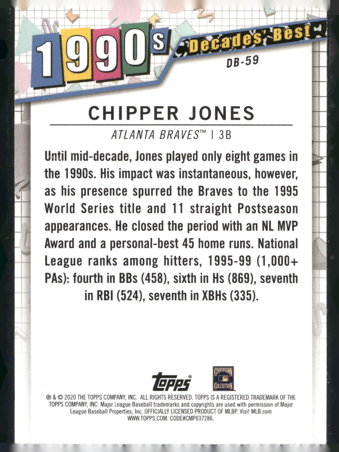 2020 Topps #DB-59 Chipper Jones Decades' Best (Series One)