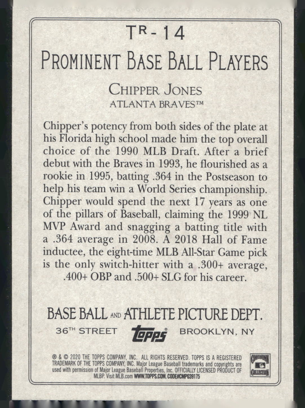 2020 Topps #TR-14 Chipper Jones Turkey Red 2020 (Series 2)