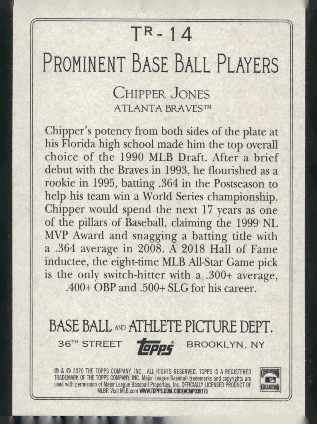 2020 Topps #TR-14 Chipper Jones Turkey Red 2020 (Series 2)