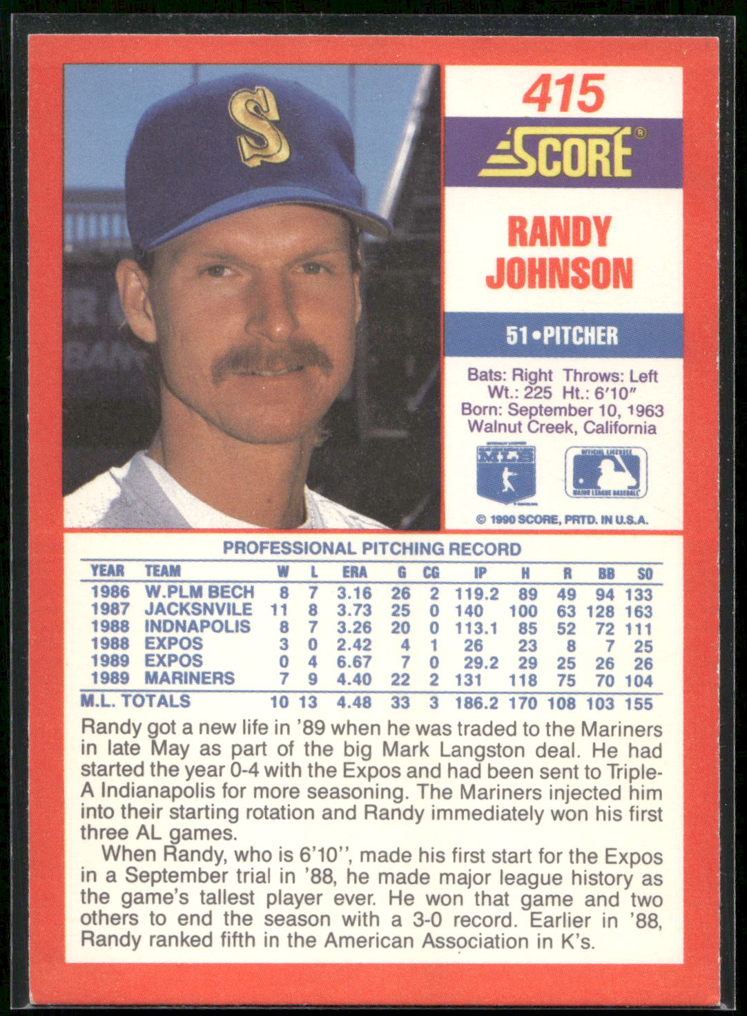 1990 Score #415 Randy Johnson