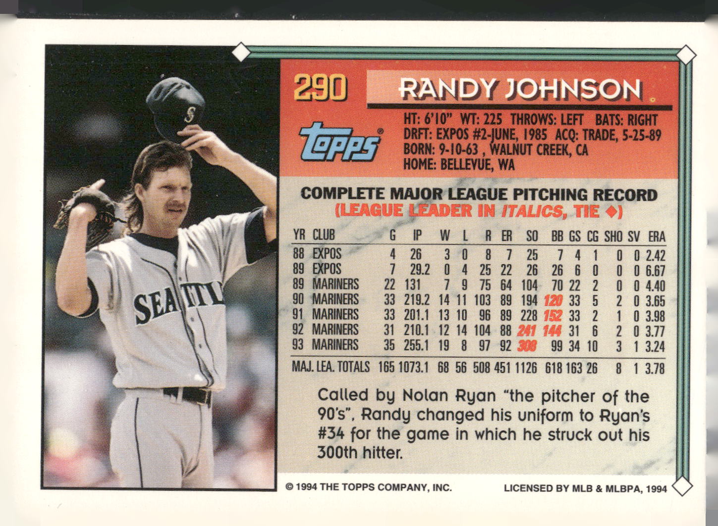1994 Topps #290b Randy Johnson