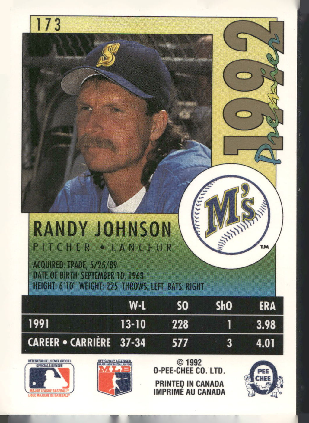 1992 O-Pee-Chee Premier #173 Randy Johnson