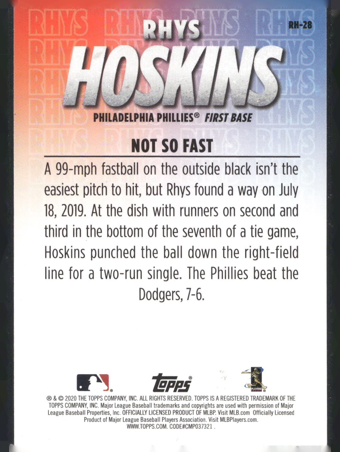 2020 Topps #RH-28 Rhys Hoskins Player Highlights Rhys Hoskins