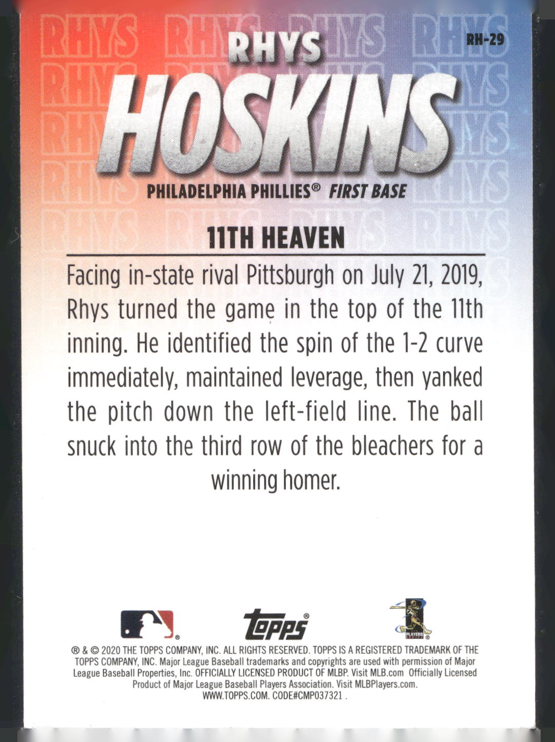 2020 Topps #RH-29 Rhys Hoskins Player Highlights Rhys Hoskins