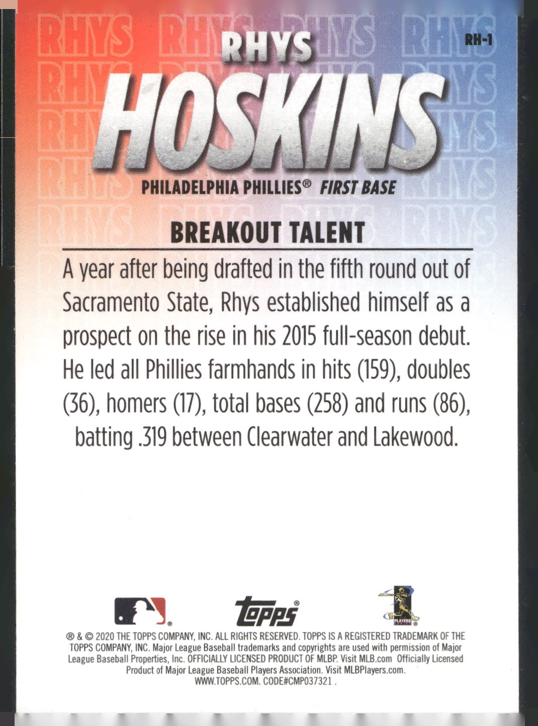 2020 Topps #RH-1 Rhys Hoskins Player Highlights Rhys Hoskins