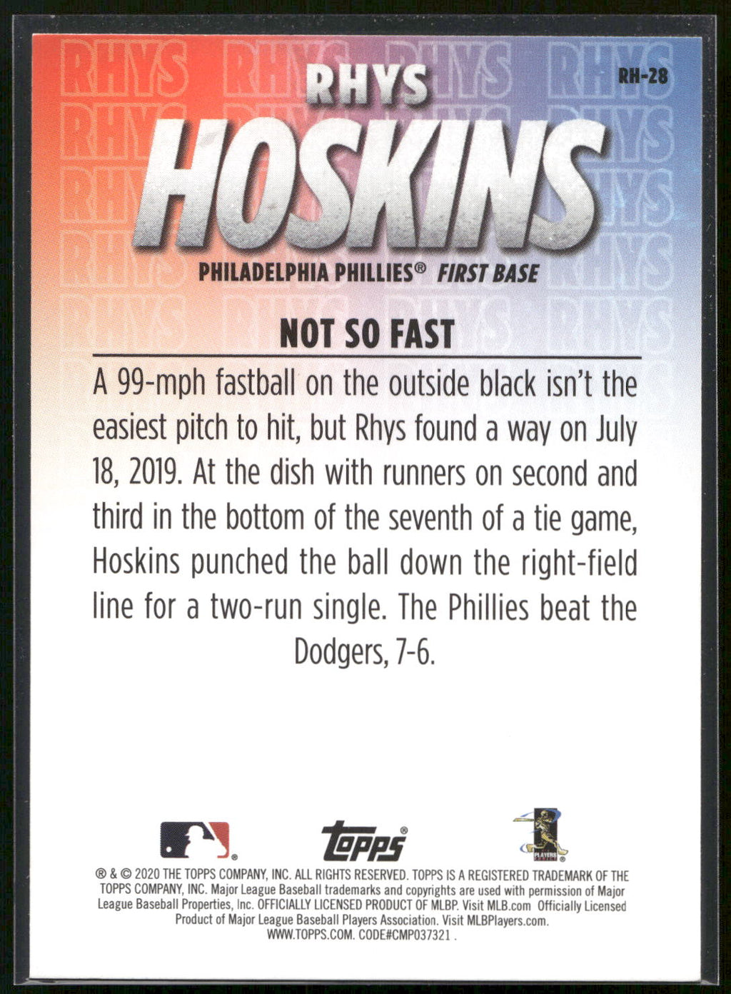 2020 Topps #RH-28 Rhys Hoskins Player Highlights Rhys Hoskins