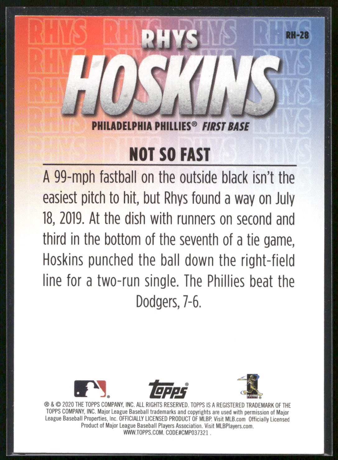 2020 Topps #RH-28 Rhys Hoskins Player Highlights Rhys Hoskins