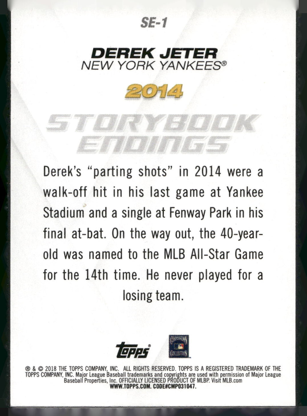 2018 Topps Update #SE-1 Derek Jeter Storybook Endings