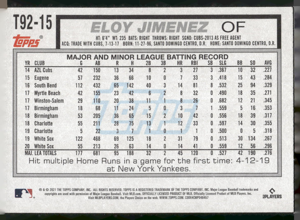 2021 Topps Update #T92-15 Eloy Jimenez 1992 Topps Redux