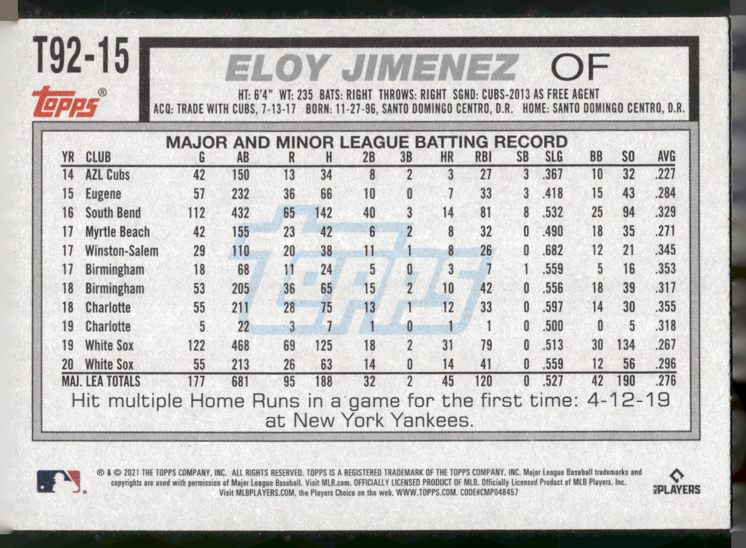 2021 Topps Update #T92-15 Eloy Jimenez 1992 Topps Redux