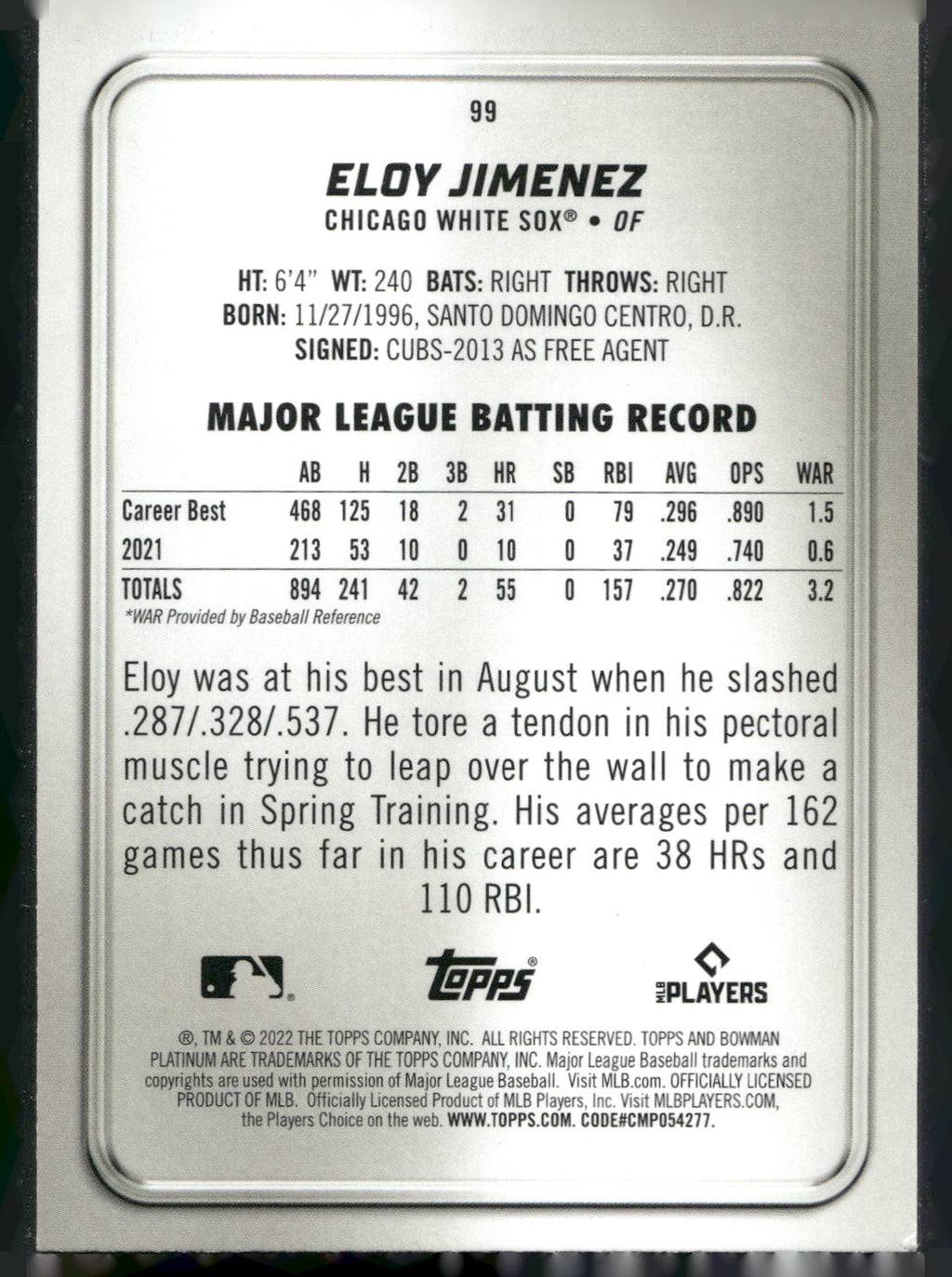2022 Bowman Platinum #99 Eloy Jimenez