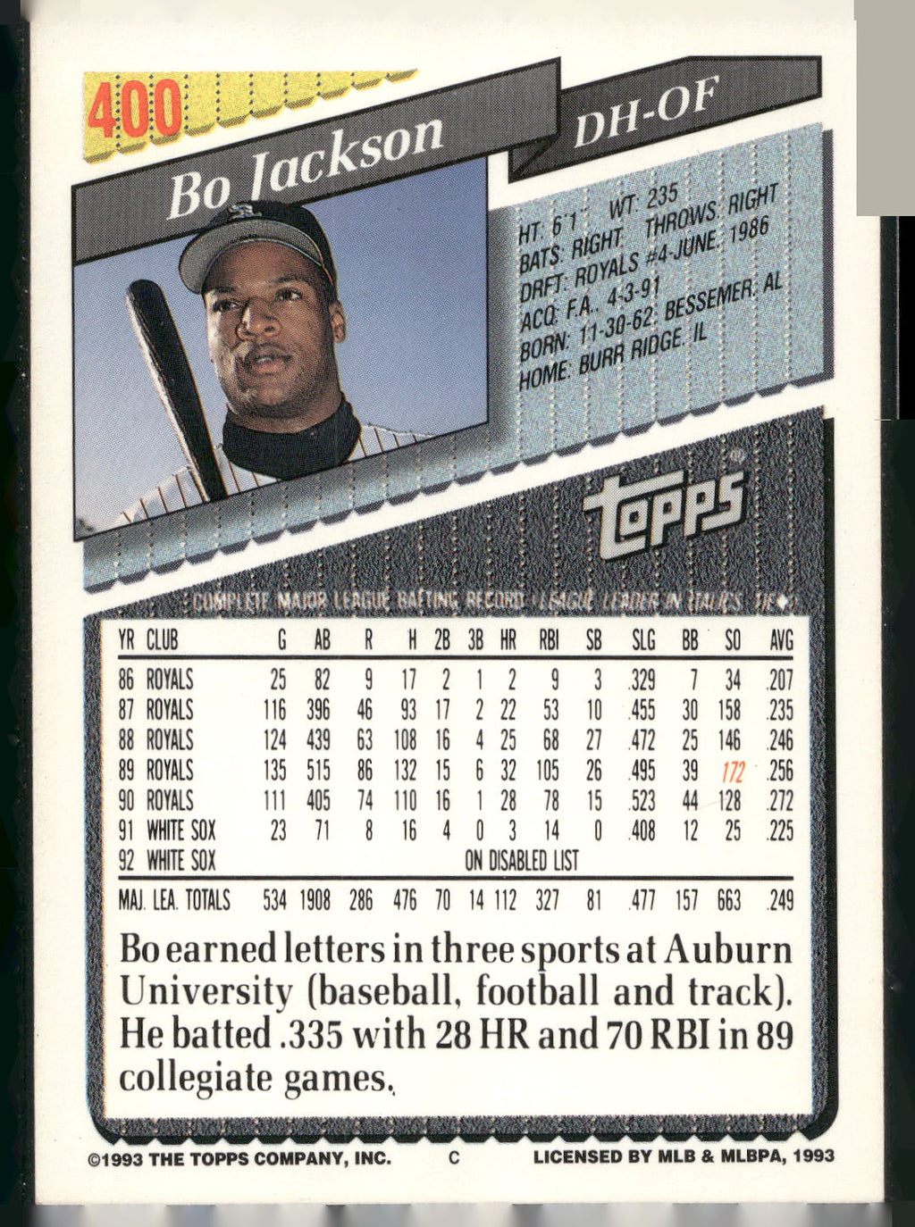 1993 Topps #400 Bo Jackson